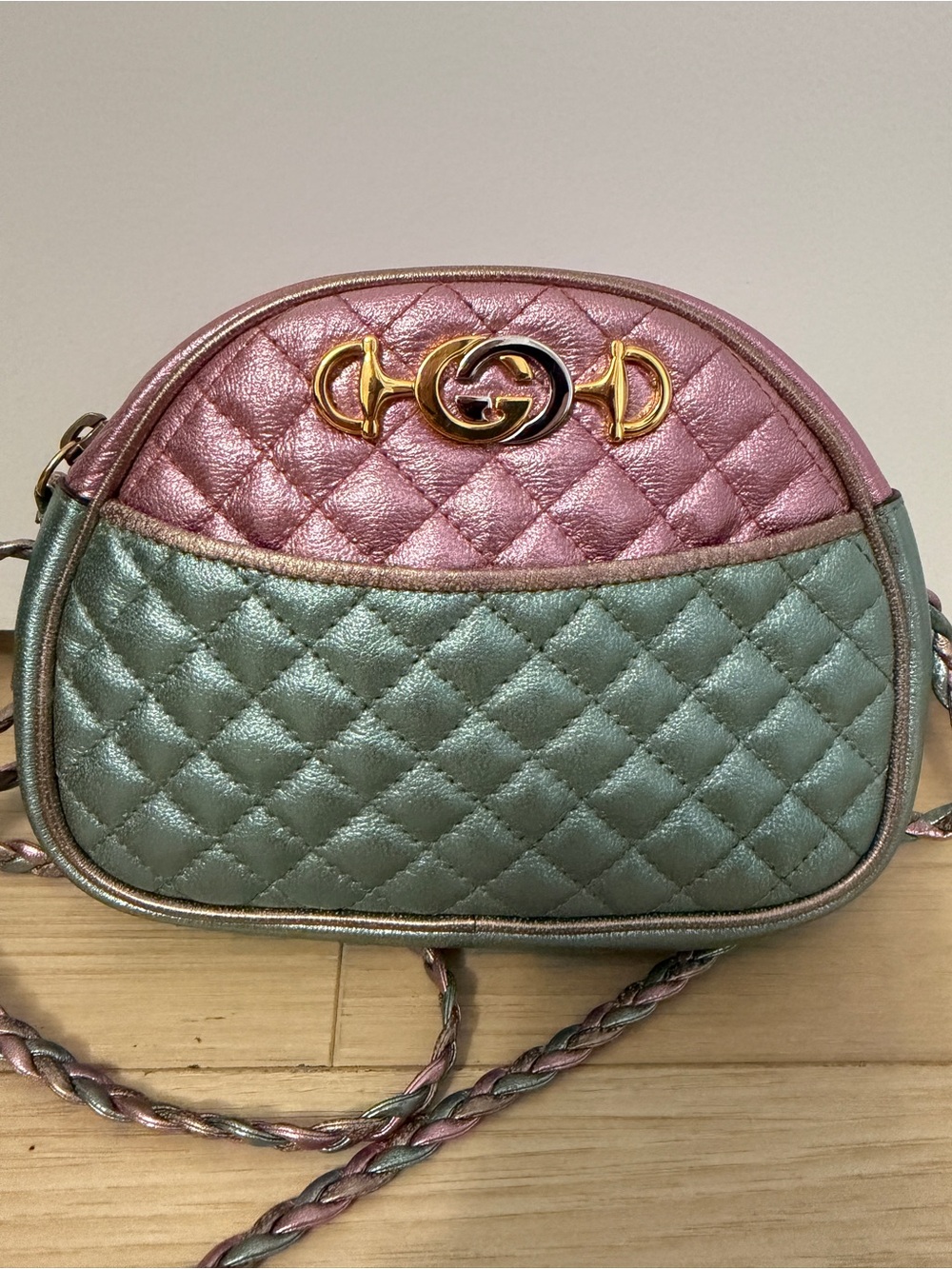 Gucci Metallic Pink & Blue Quilted Crossbody Bag